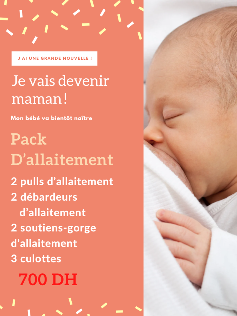 Un nouveau-né est enveloppé dans une couverture blanche et dort paisiblement. L'image comprend un texte annonçant le "PACK D'ALLAITEMENT" à 700 DH, qui contient 2 hauts d'allaitement, 2 débardeurs d'allaitement, 2 soutiens-gorge d'allaitement et 3 culottes. L’arrière-plan présente un design festif.